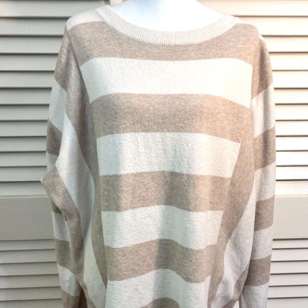 J. Jill XL Striped Sweater Tan Ivory Relaxed Oversized Crew Neck Soft Knit